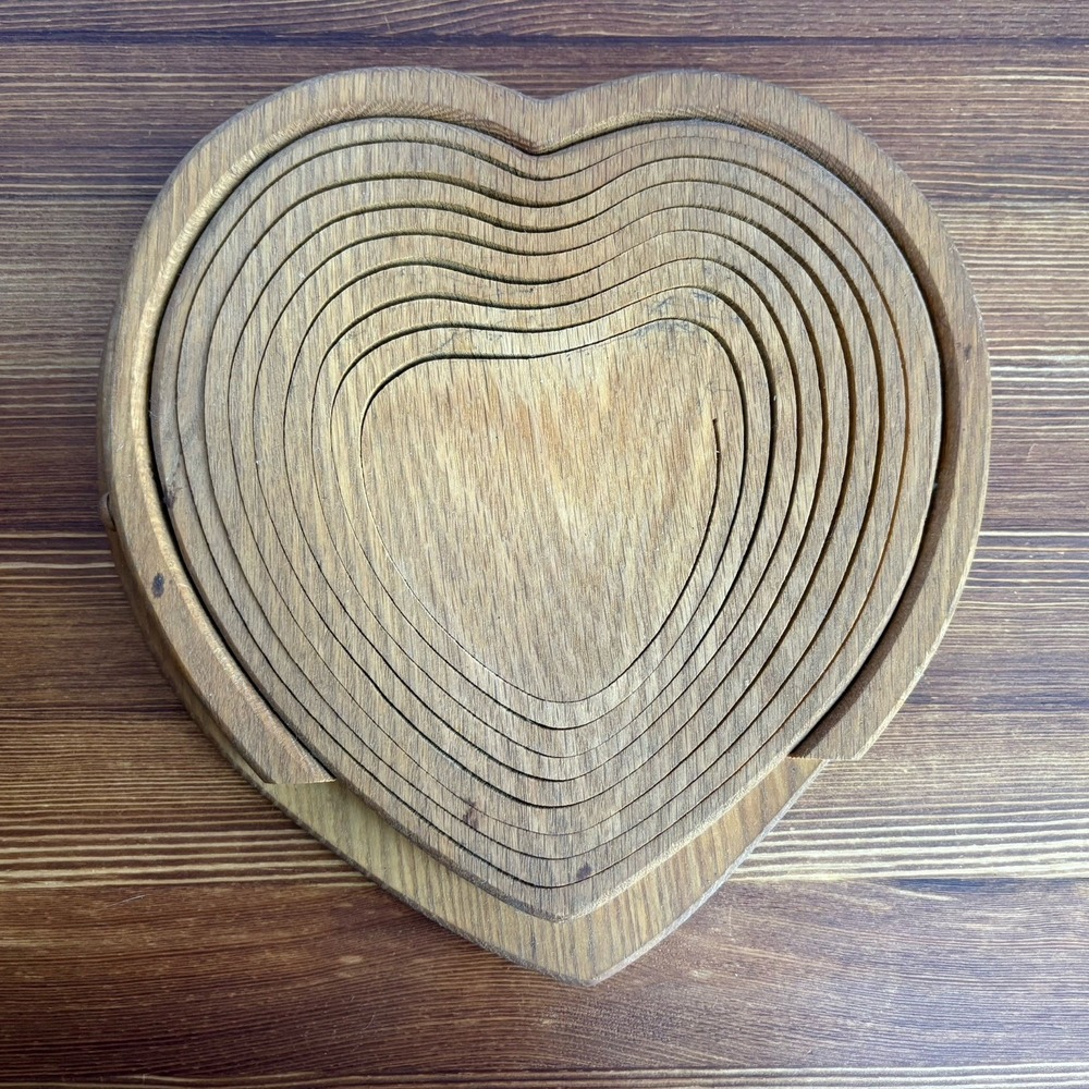 Folding Wood Heart Basket Accordion Collapsible Bowl Trivet Fruit Bread - Picture 2 of 11